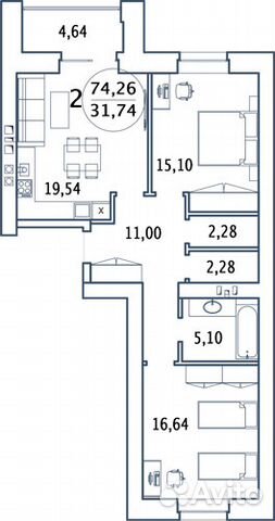 2-к квартира, 74.3 м², 4/9 эт.