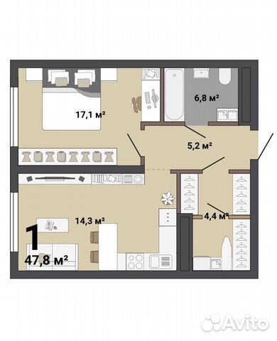 1-к квартира, 47.8 м², 3/35 эт. 1-к квартира, 47.8 м², 3/35 эт.