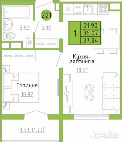 1-к квартира, 37.8 м², 2/11 эт.