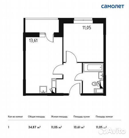 1-к квартира, 34.9 м², 6/14 эт.