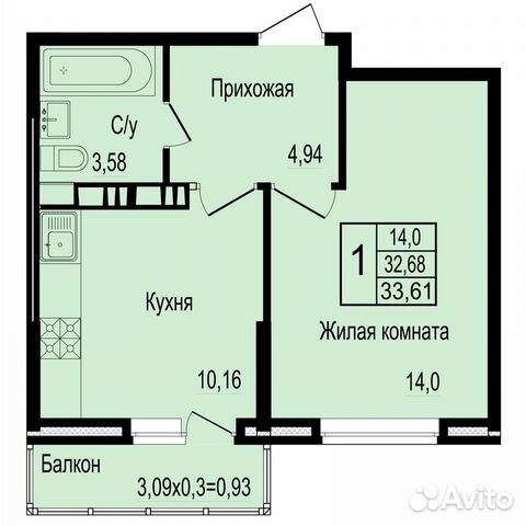 1-к квартира, 33.7 м², 13/17 эт.