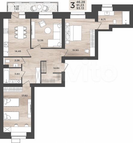 3-к. квартира, 93,1 м², 3/10 эт.