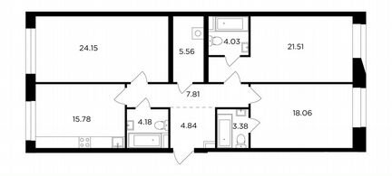3-к квартира, 109.3 м², 4/16 эт.