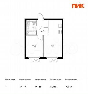 1-к квартира, 36.1 м², 20/24 эт.