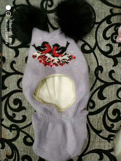 Шапка-шлем с натуральными помпоны песец